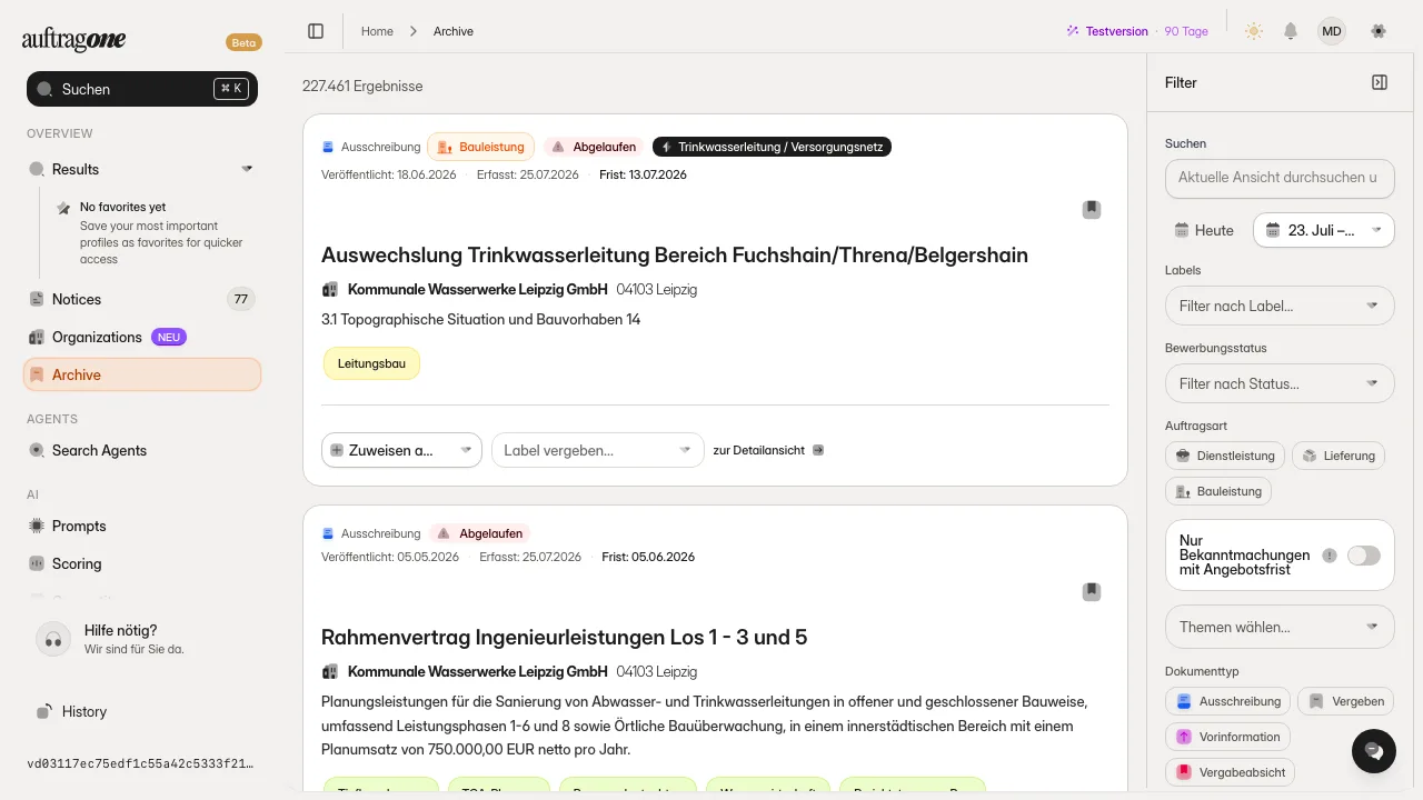 Archiv mit Suchfeld, Trefferliste abgelaufener Ausschreibungen und Filterpanel