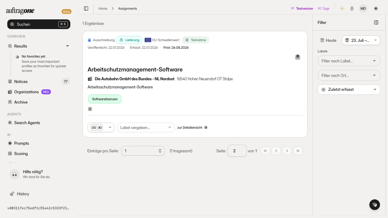 Liste der zugewiesenen Ausschreibungen mit Filterleiste für Sortierung, Zeitraum, Ausführungsort und Labels