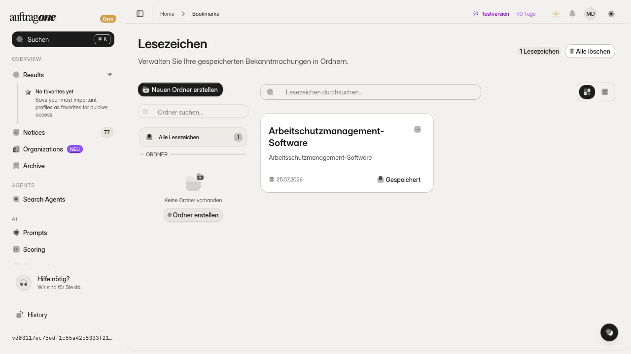 Lesezeichenliste mit Suchfeld, Ordnerauswahl und gespeicherten Ausschreibungen samt Angebotsfrist