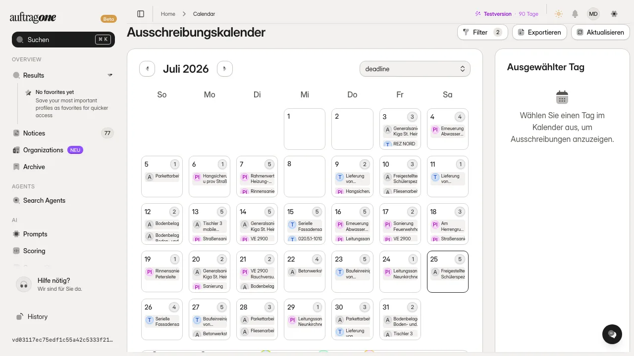 Ausschreibungskalender mit Monatsraster links und der Liste des gewählten Tages rechts