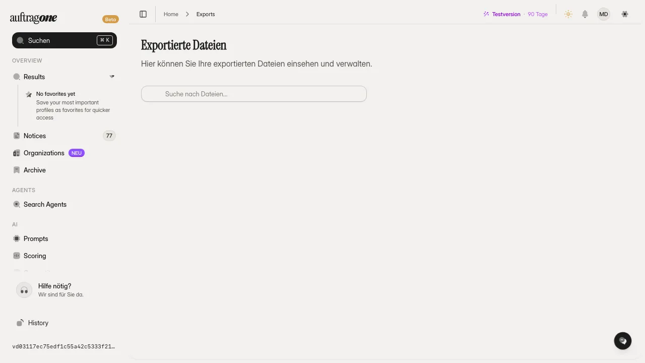 Liste der exportierten Dateien mit Name, Dateityp, Größe, Erstellungszeitpunkt und Download-Schaltfläche