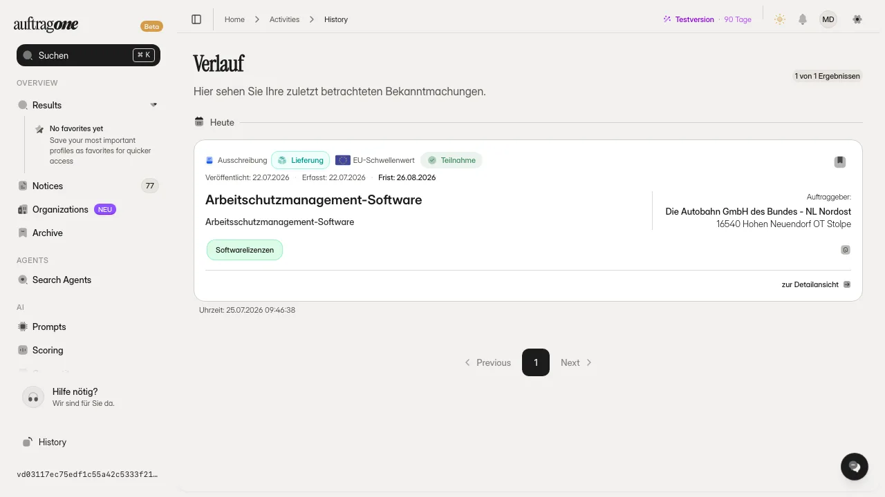 Verlauf mit Ausschreibungen, nach Tagen gruppiert und mit Uhrzeit des letzten Aufrufs