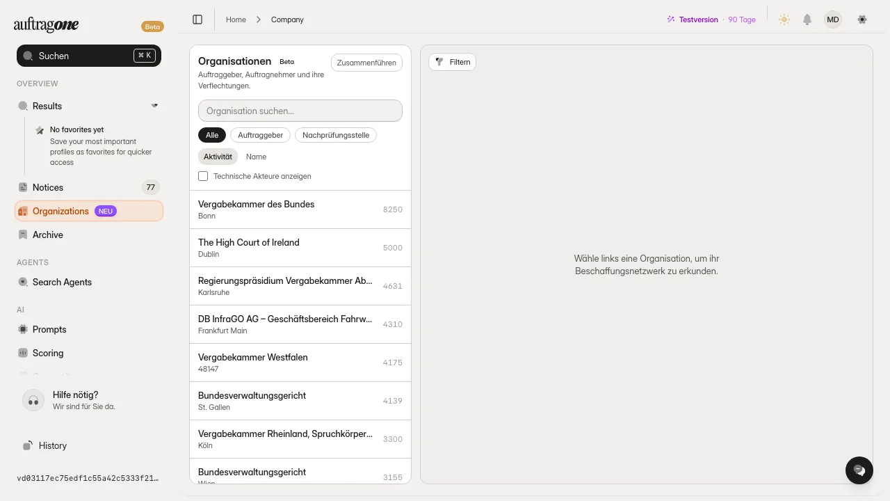 Organisationen mit Liste links, Netzwerkkarte in der Mitte und Detailfenster rechts