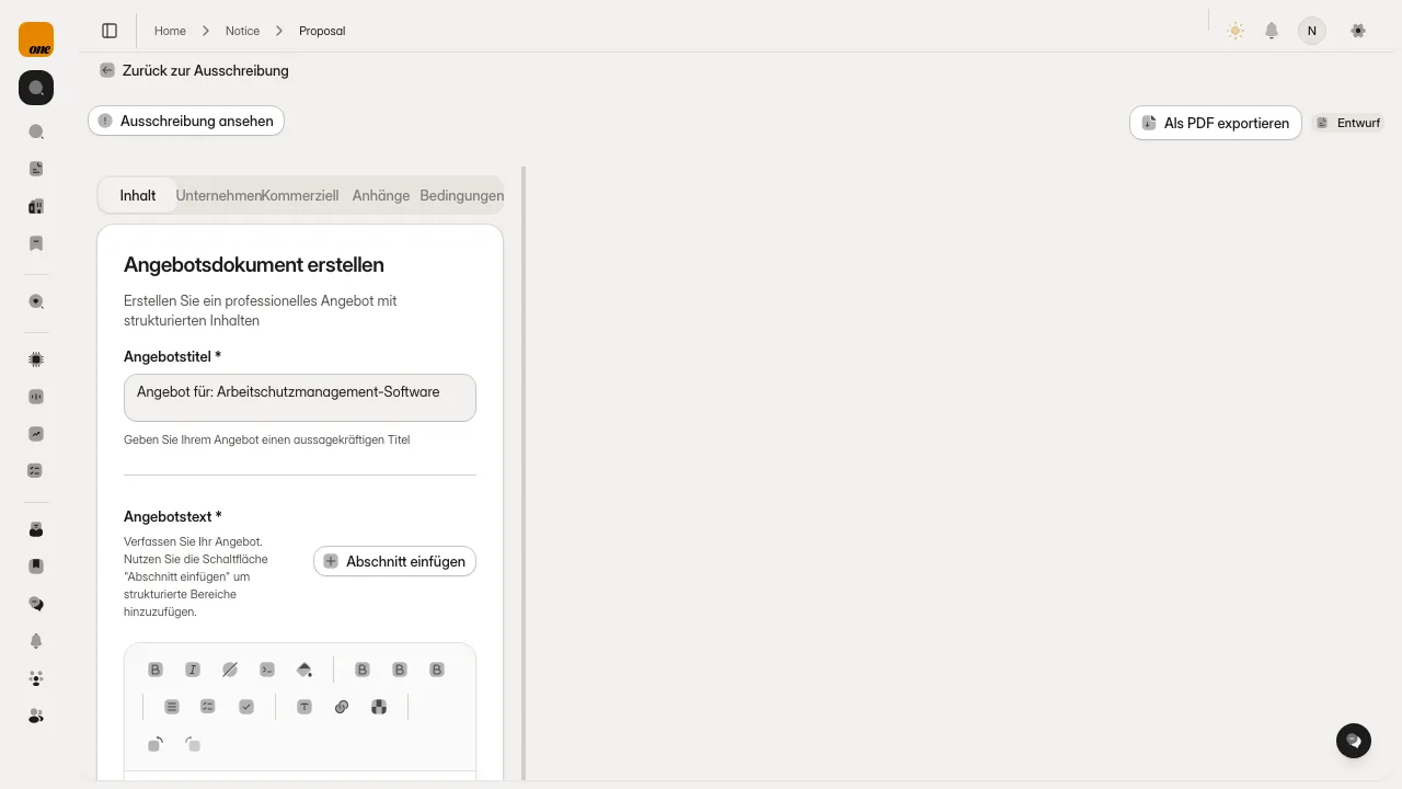 Angebotseditor mit Registerkarten links und PDF-Vorschau rechts
