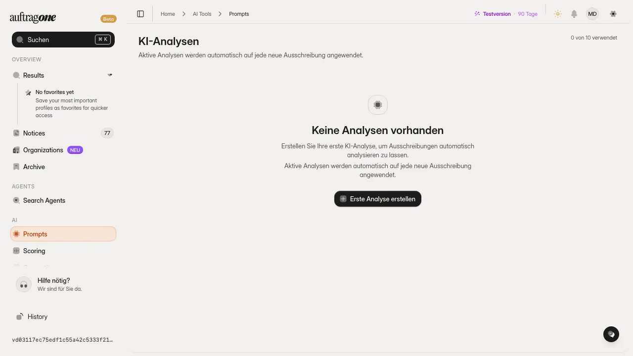 Seite Prompts mit der Liste der KI-Analysen, getrennt nach aktiven und inaktiven