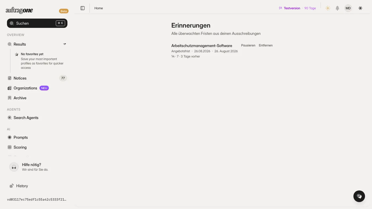 Liste der Erinnerungen mit Fristtyp, Datum, geplanten Zeitpunkten und Benachrichtigungskanälen