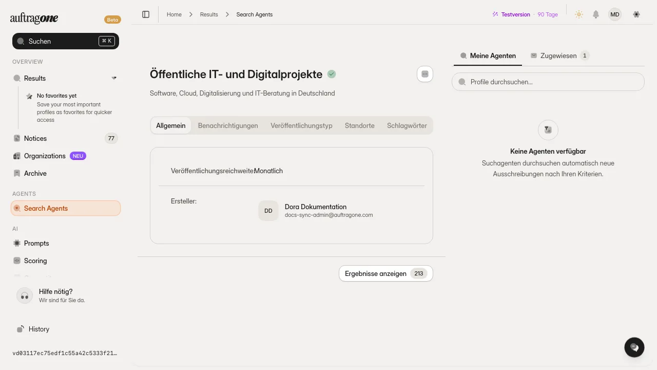 Detailseite eines Suchagenten mit Registerkarten, Aktionsmenü und Agentenliste
