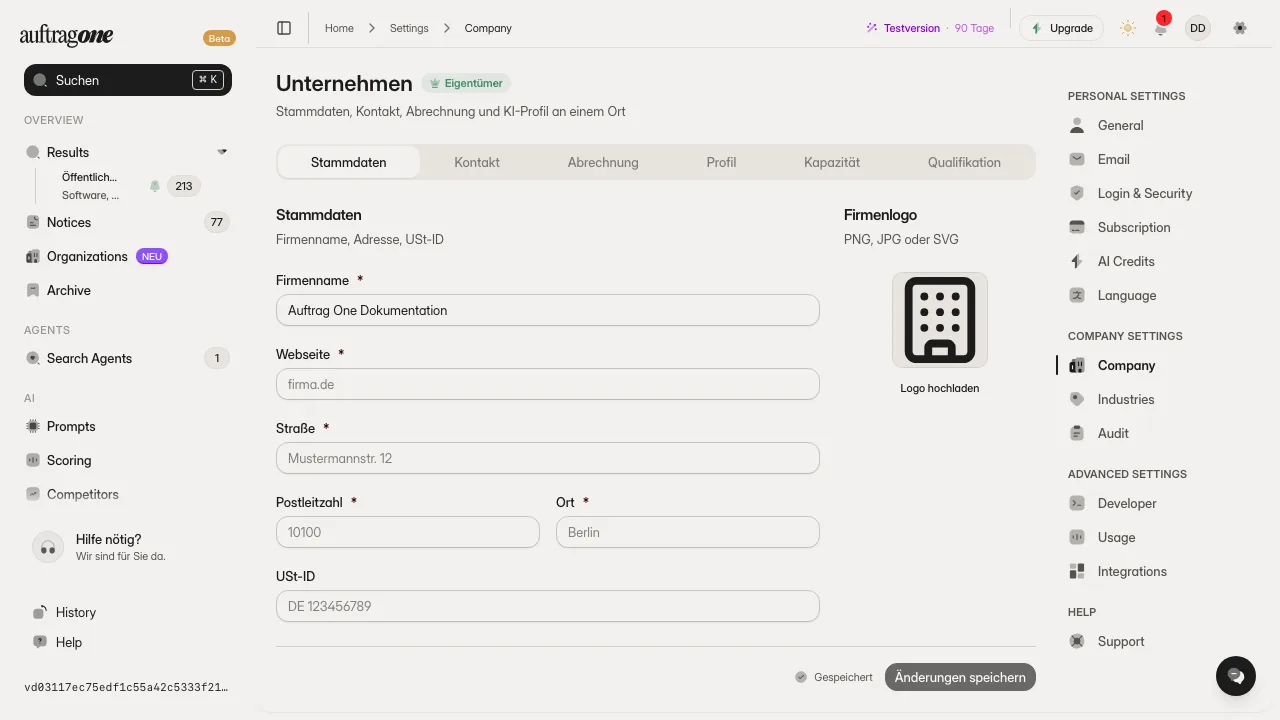 Unternehmensseite mit den Registerkarten Stammdaten bis Qualifikation, Firmendaten und Firmenlogo