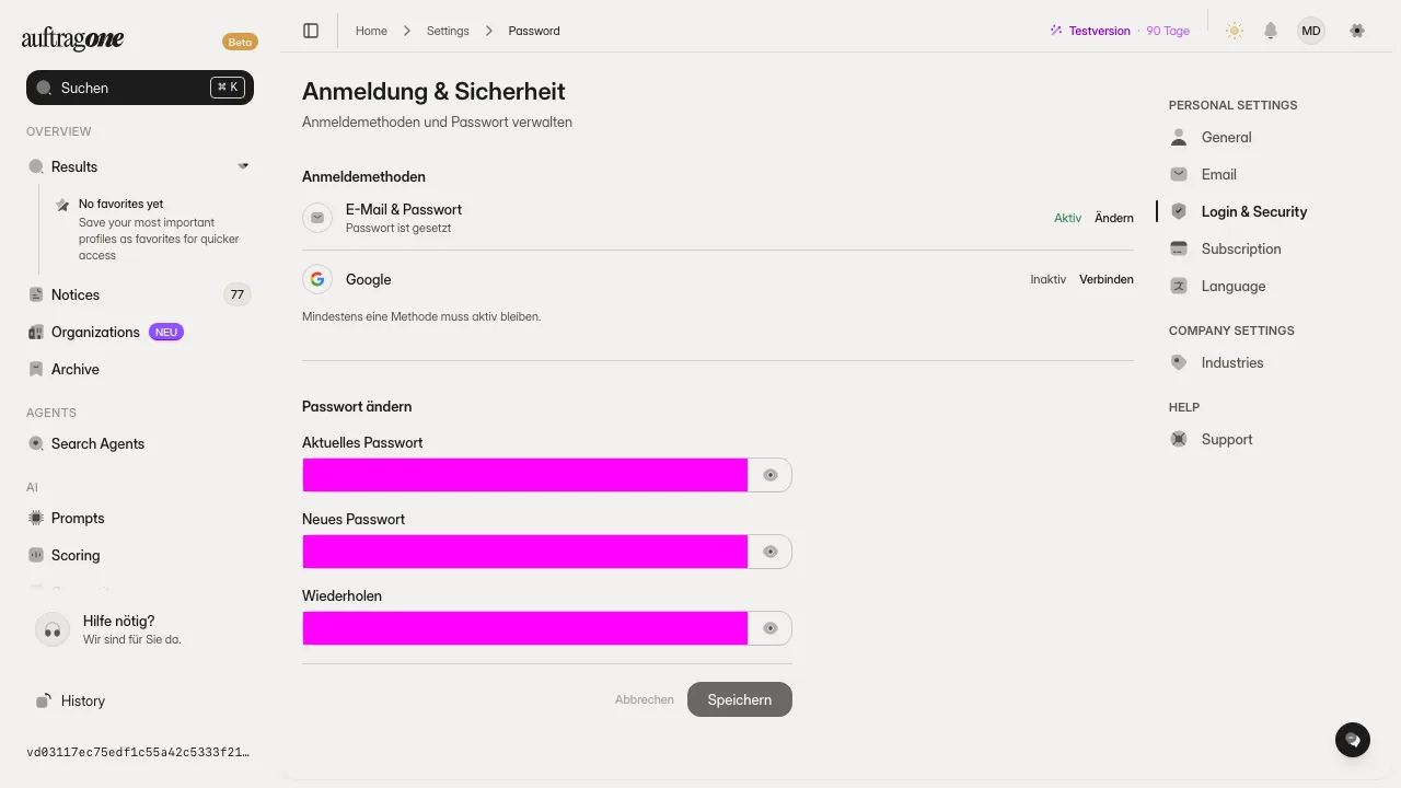Anmeldemethoden E-Mail und Passwort, Google und Microsoft mit Status, darunter das Formular für das Passwort